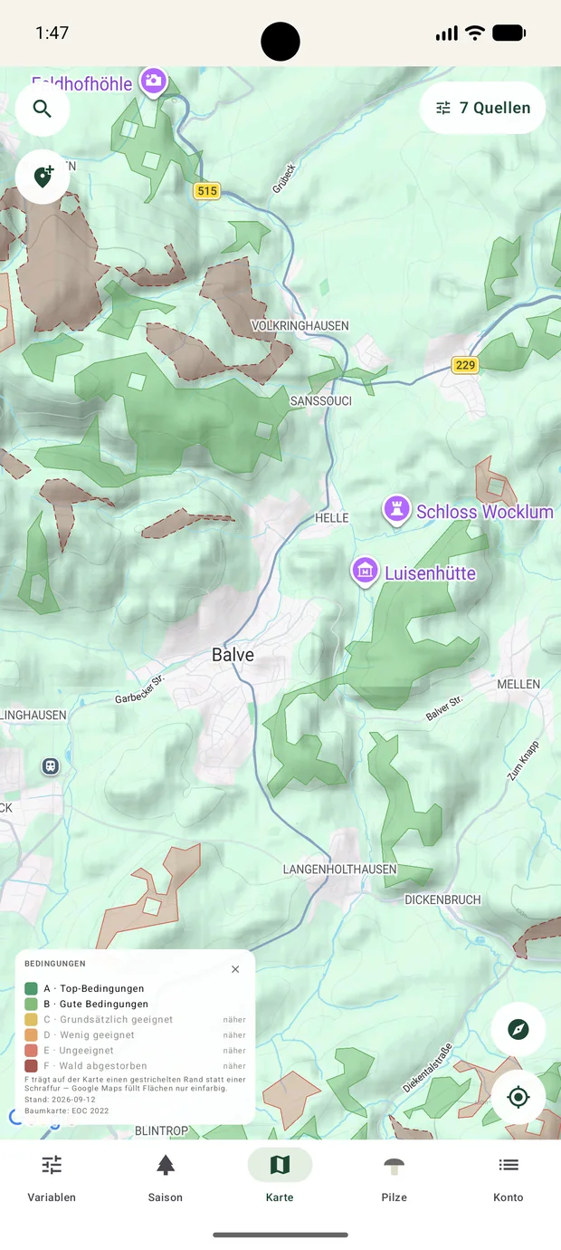 Mykotop auf Android: Karte bei Balve mit geöffneter Legende der Stufen A bis F