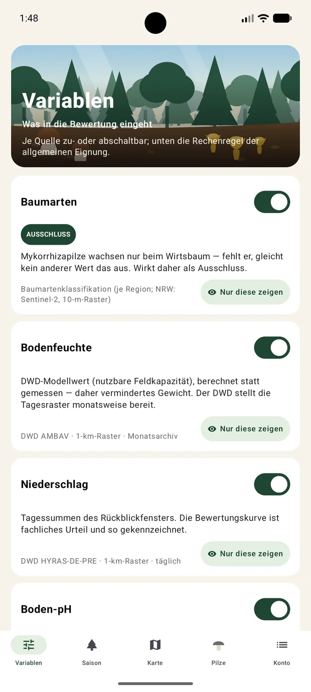 Variablen-Seite mit Schaltern für Baumarten, Bodenfeuchte und Niederschlag