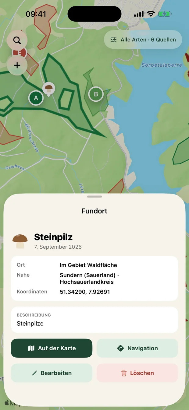 Gespeicherter Fundort Steinpilz mit Koordinaten und Navigationsknopf