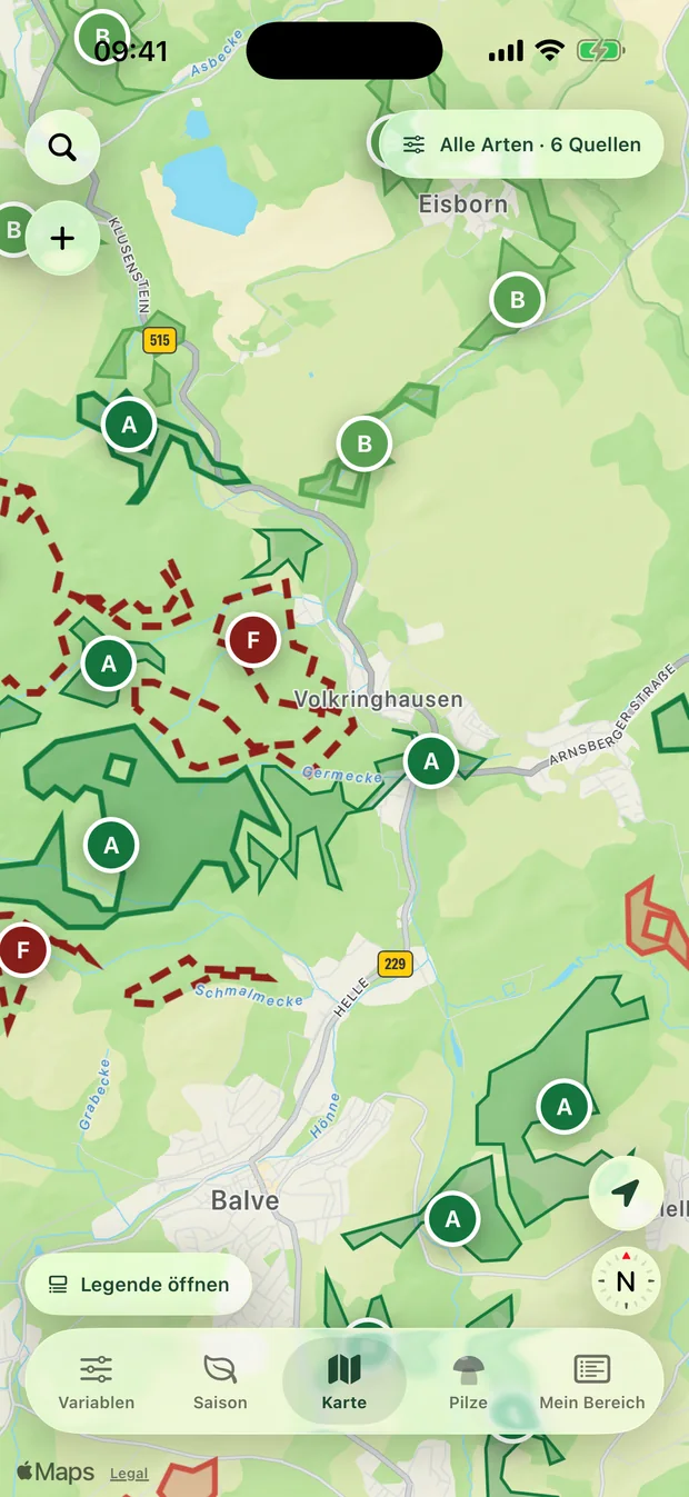 Mykotop-Karte mit Eignungsflächen und den Stufen A, B und F im Sauerland