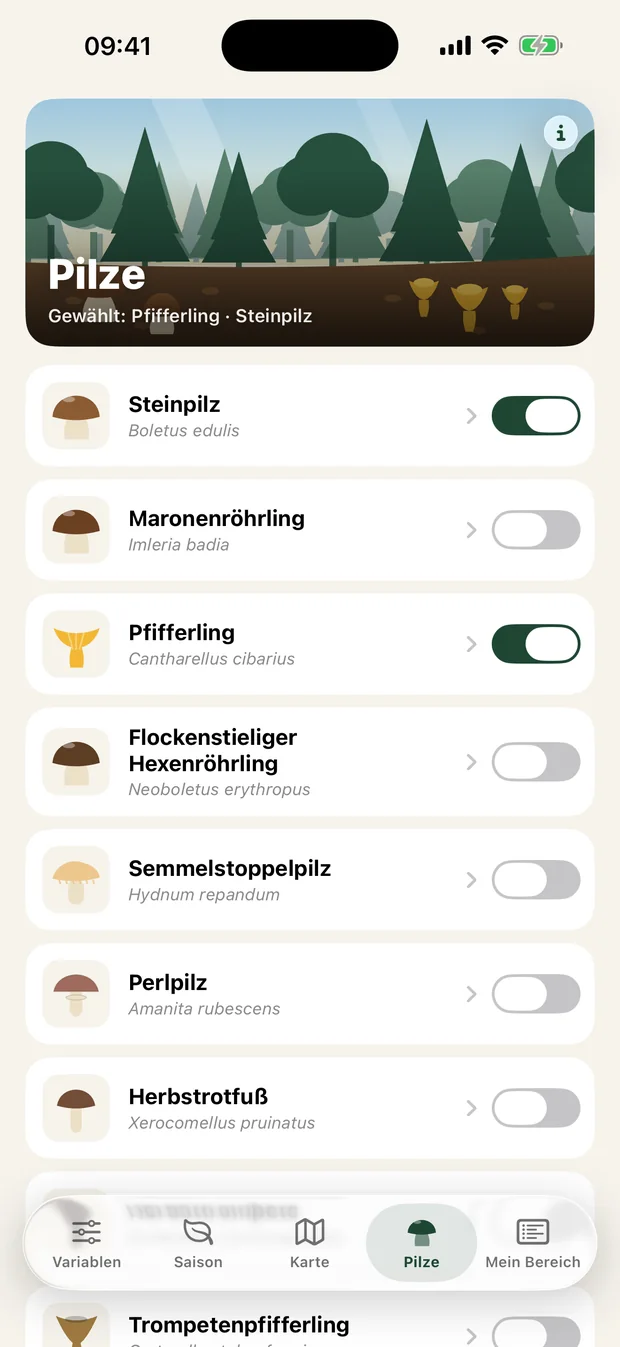 Artenliste mit Steinpilz, Maronenröhrling, Pfifferling und weiteren Arten