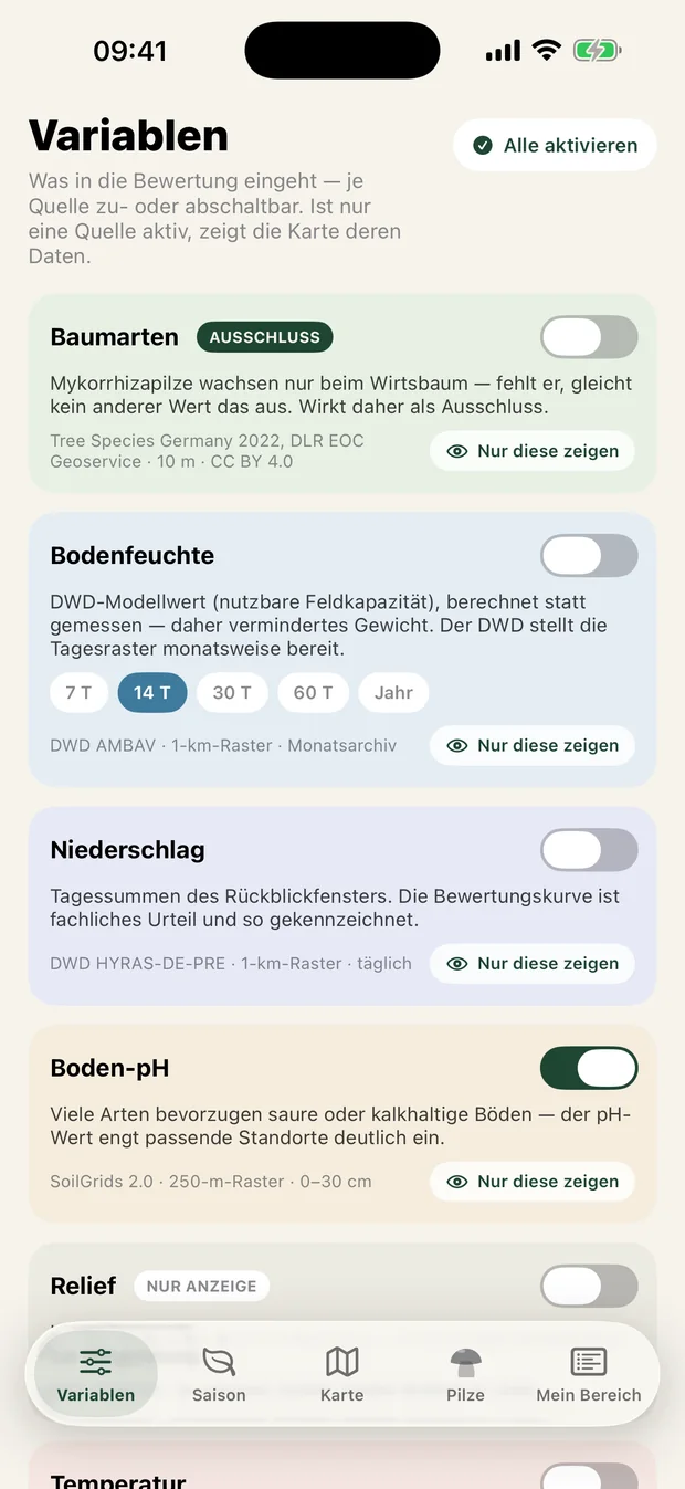 Variablen-Seite mit Baumarten als Ausschluss und Bodenfeuchte-Zeitfenstern